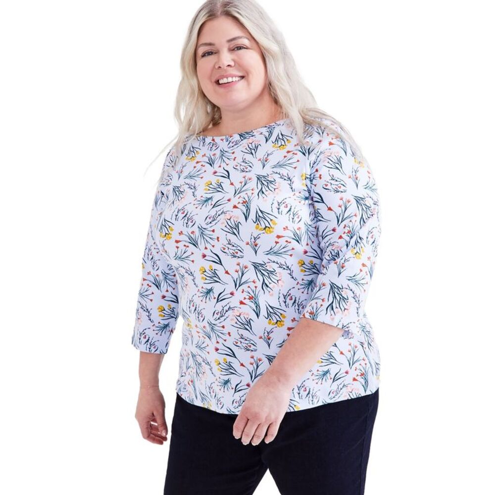 Plus Size Printed Pima Cotton 3/4-Sleeve Top